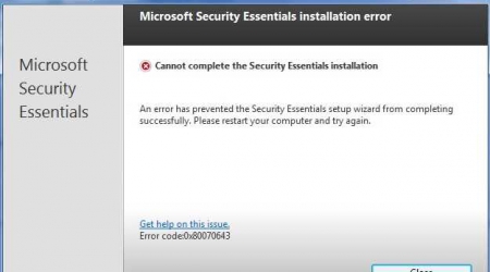 0x80070643 in Microsoft Security Essentials